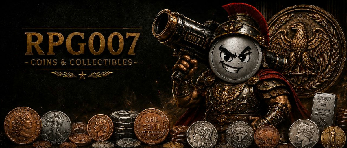 RPG007 Coins & Collectibles β the coin-faced legionnaire mascot with collectible coins and a fine silver bar