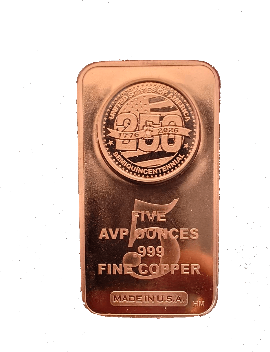 America 250 Semiquincentennial 5 AVDP oz .999 Fine Copper Bar β front