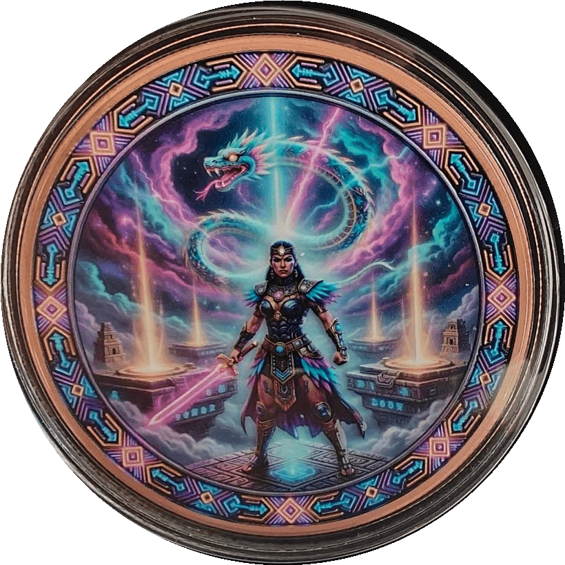 Aztec Dragon Warrior 5 oz Colorized Copper Round β front