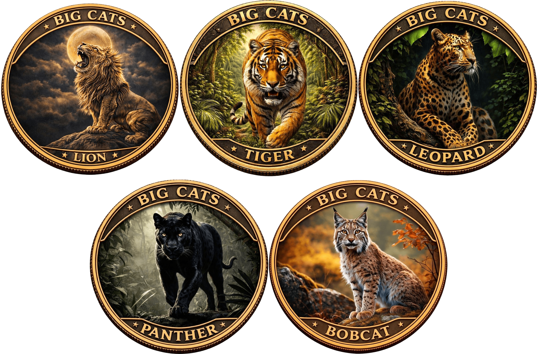 Big Cats Around the World β 5 Γ 5 oz Colorized Copper Round Set β front