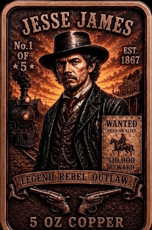 Jesse James 5 oz Copper Bar β Outlaws of the West, 1 of 5 β front