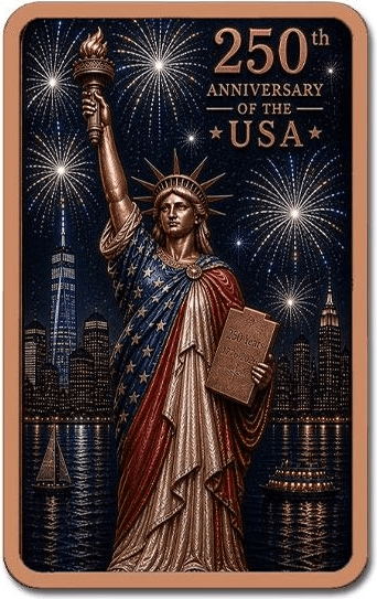 Statue of Liberty 250th Anniversary 250g Colorized Copper Bar β front