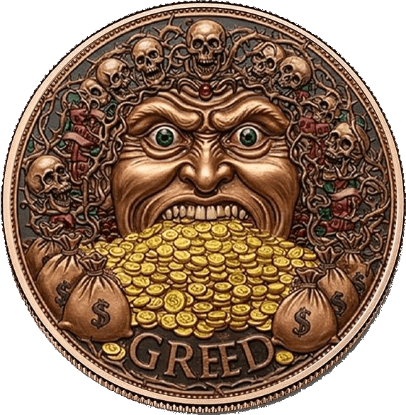 Price of Greed 5 oz Antiqued Copper Round β front