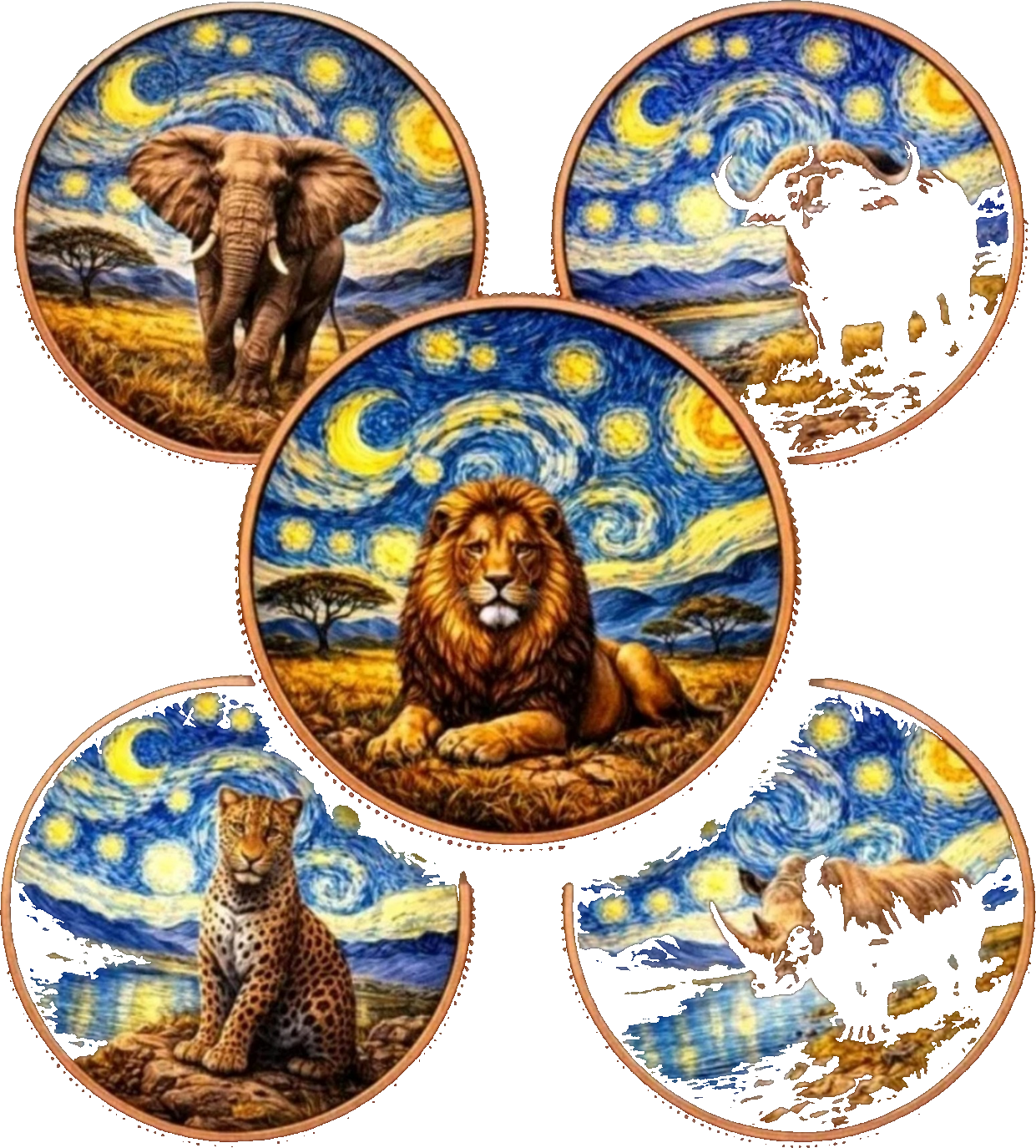2026 African Big Five Starry Night Fusion β 5 Γ 1 oz Colorized Copper Round Set β front
